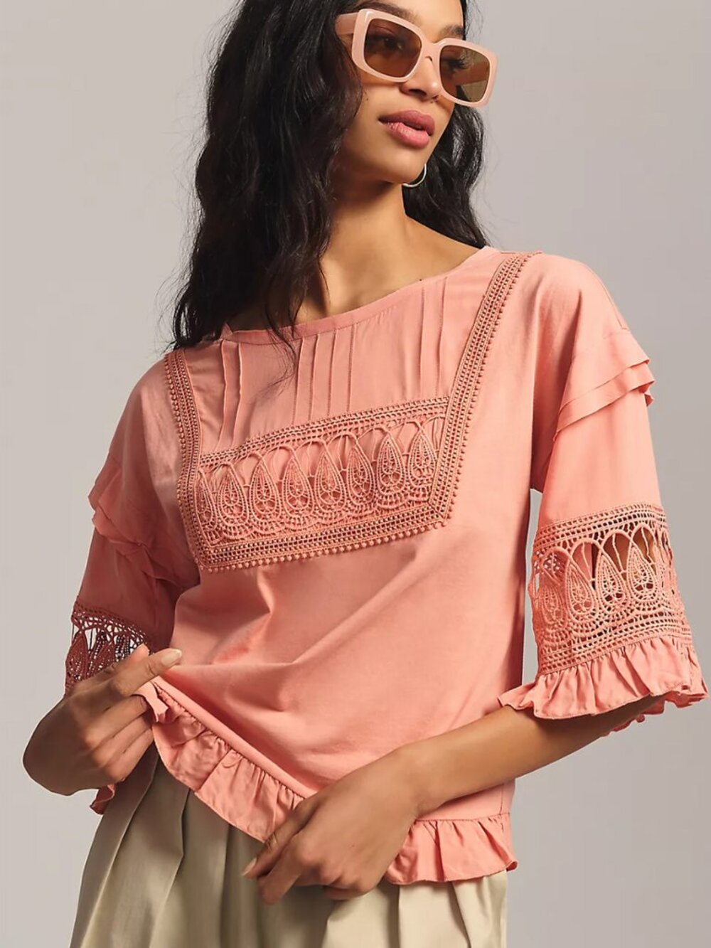 Anthropologie TINY Sonoma Ruffle Crochet Short Sleeve Top Size S Peachy Coral